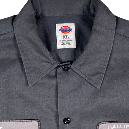 Digg It Thrift & Vintage gray Dickies Halliburton work shirt with XL tag and polyester cotton blend collar detail