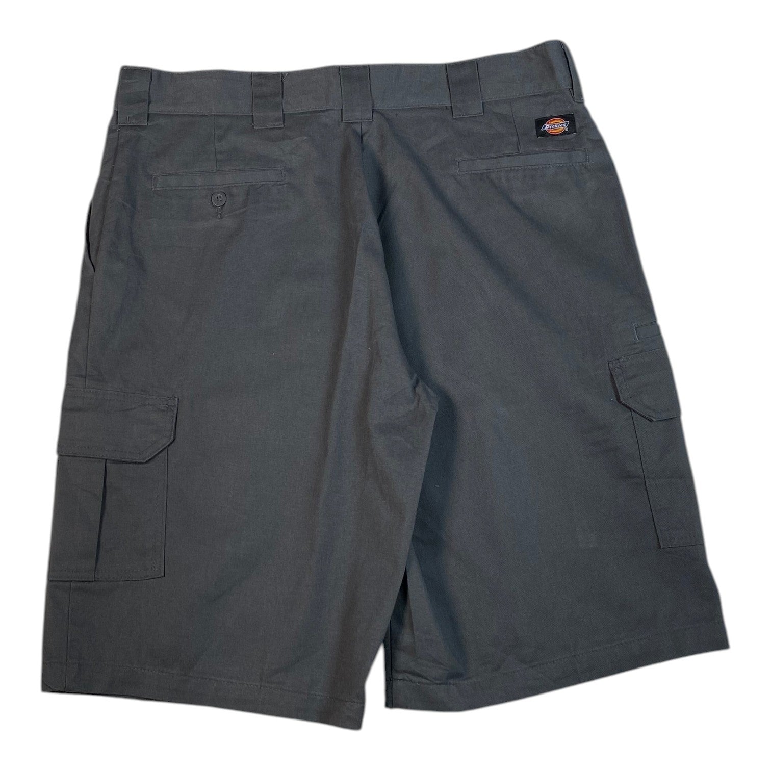 Digg It Thrift & Vintage grey Dickies FLEX loose fit cargo shorts, size 38, back view with pockets and logo patch