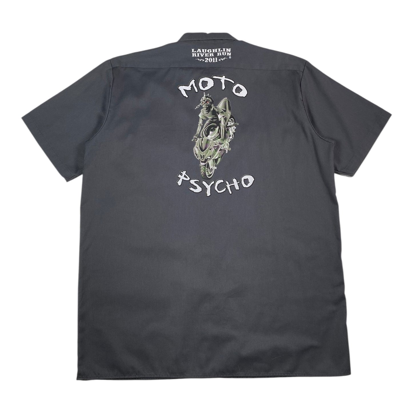 Digg It Thrift & Vintage grey Dickies work shirt featuring Moto Psycho Laughlin River Run 2011 graphic on the back