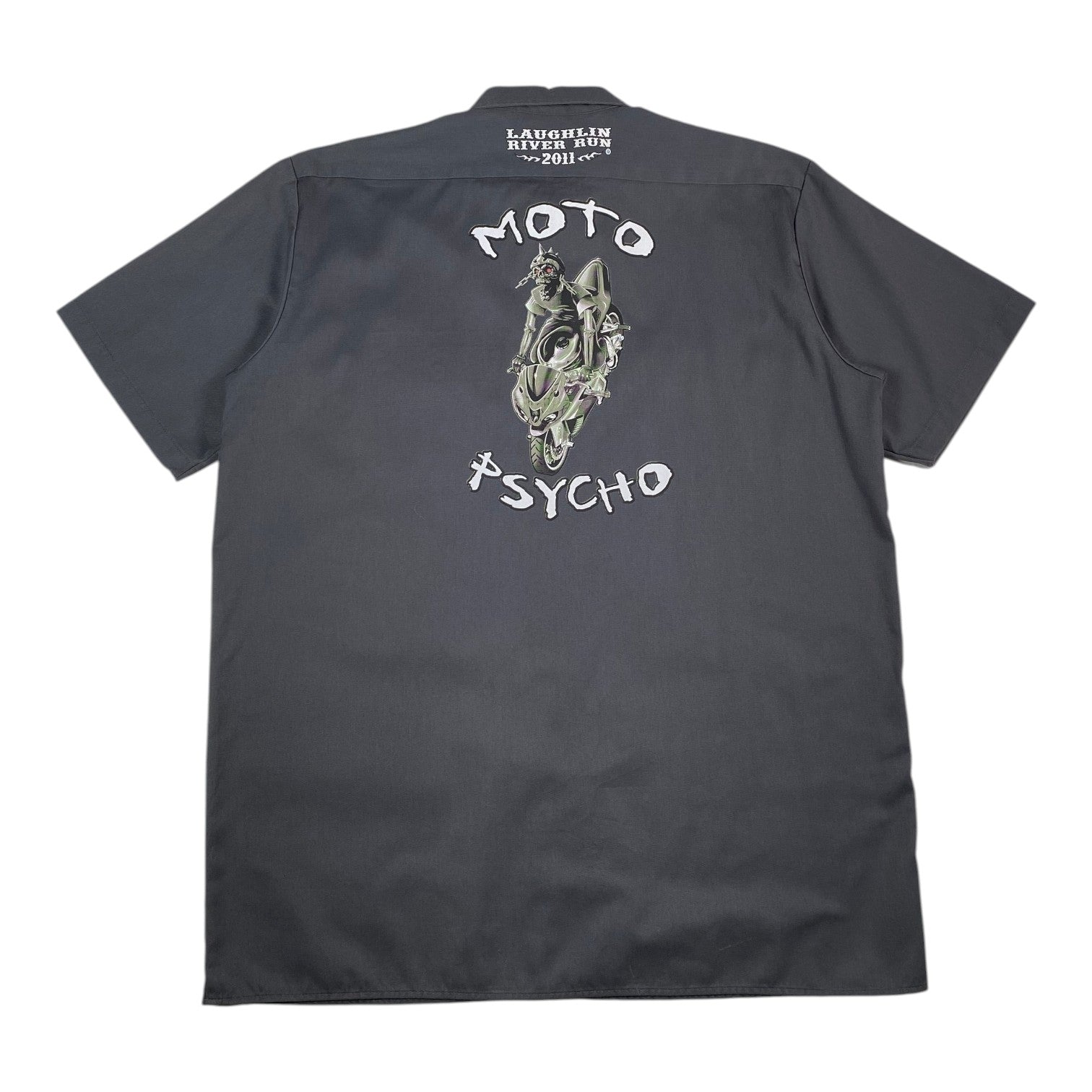 Digg It Thrift & Vintage grey Dickies work shirt featuring Moto Psycho Laughlin River Run 2011 graphic on the back