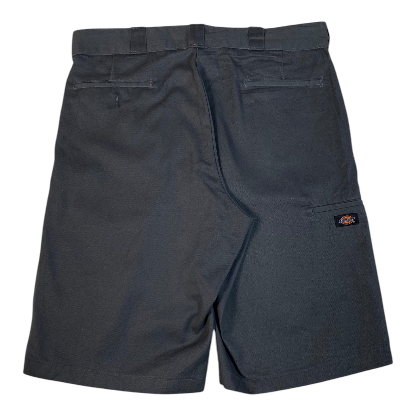 Digg It Thrift & Vintage charcoal grey Dickies relaxed fit shorts, size 38, back view with logo patch