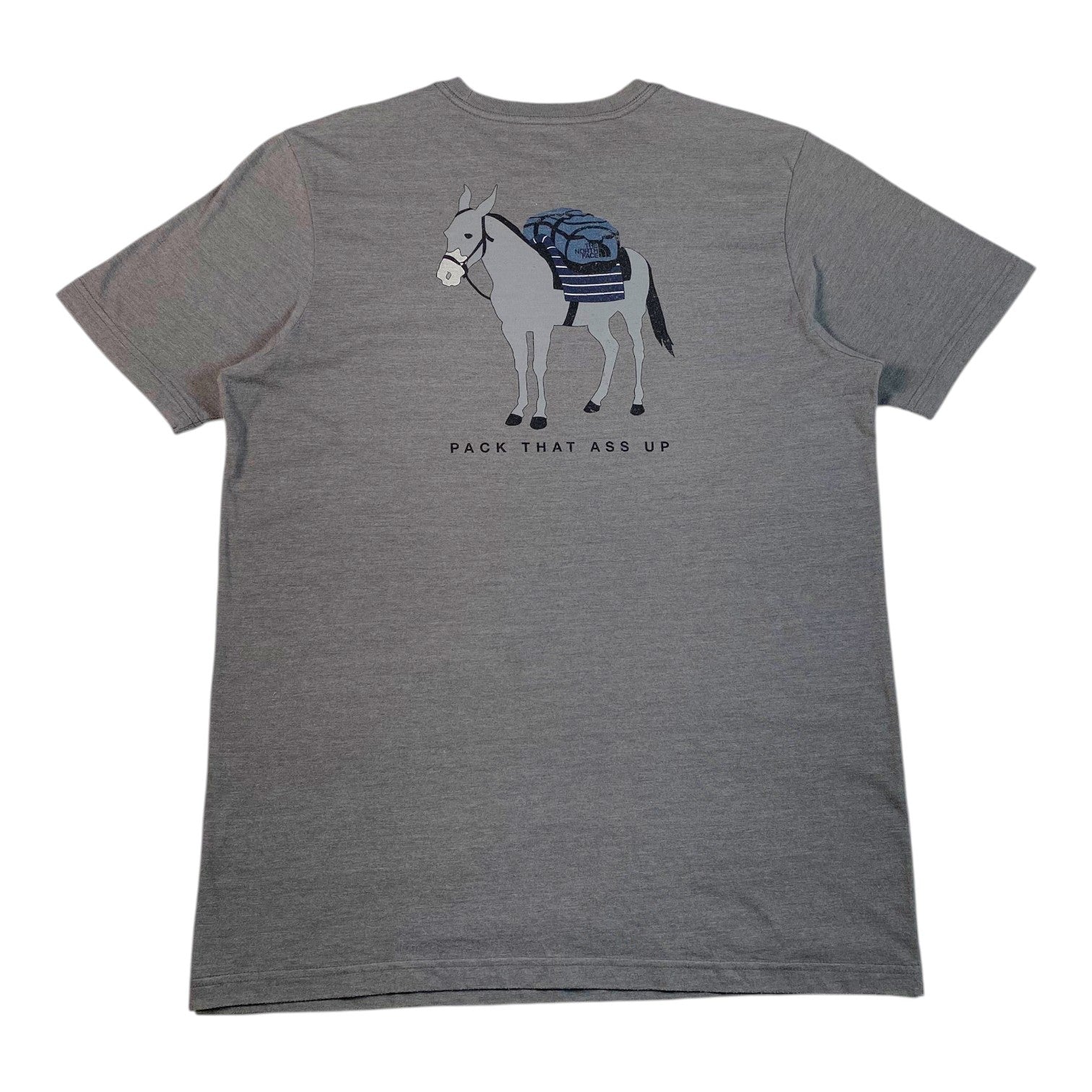 Digg It Thrift & Vintage grey The North Face graphic t-shirt featuring a donkey with a backpack and text on the back
