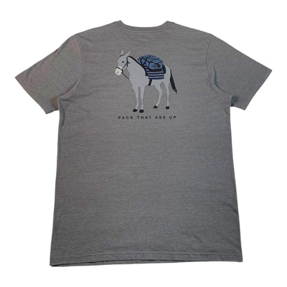 Digg It Thrift & Vintage grey The North Face graphic t-shirt featuring a donkey with a backpack and text on the back