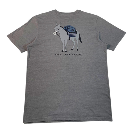 Digg It Thrift & Vintage grey The North Face graphic t-shirt featuring a donkey with a backpack and text on the back