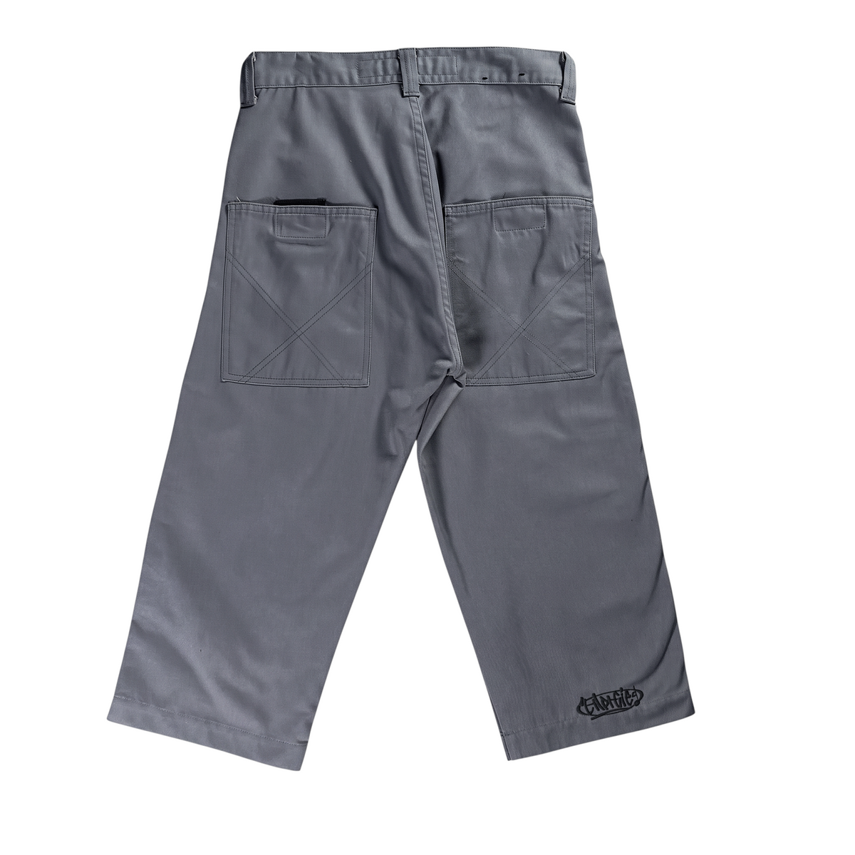 Digg It Thrift & Vintage grey denim jorts with large back pockets and Energie hip-hop branding on the leg