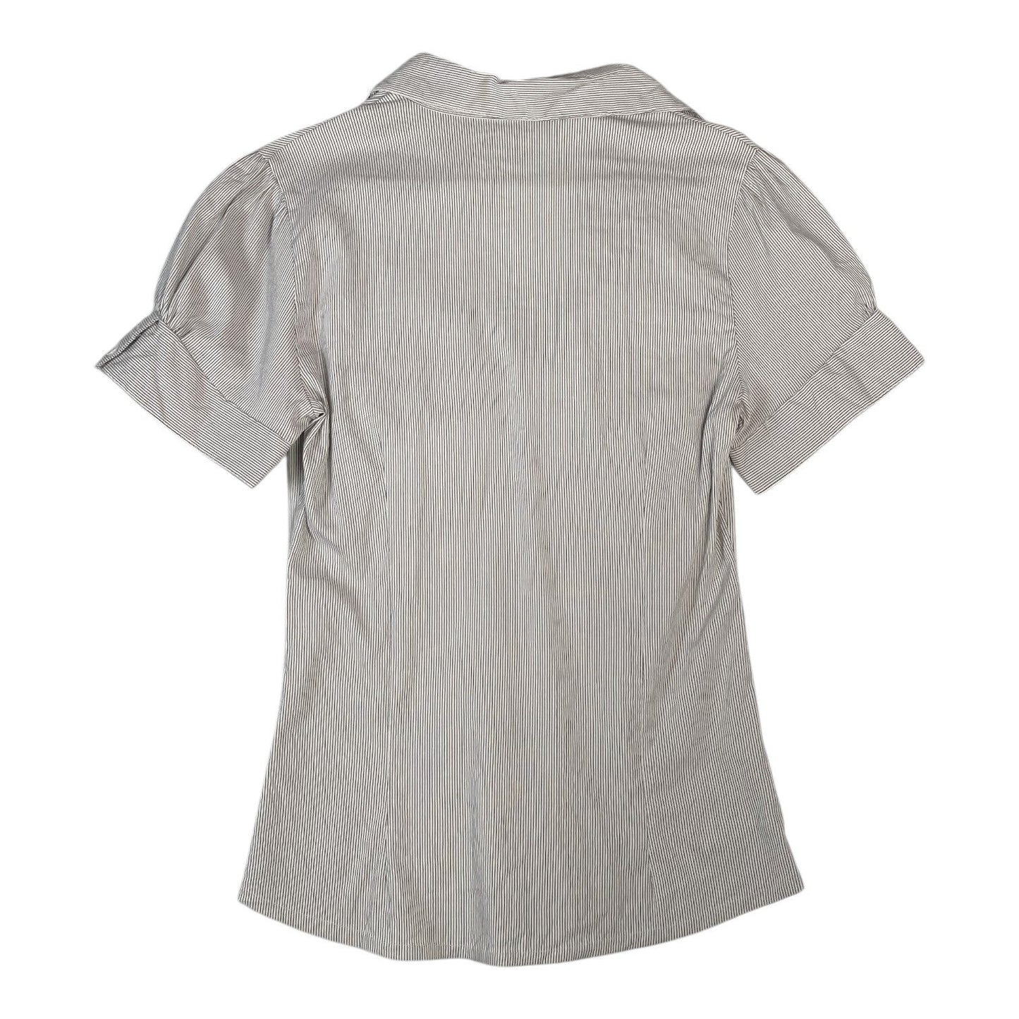 Back view of a Digg It Thrift & Vintage Mitno grey and white striped short sleeve button-up blouse with ruched cuffs