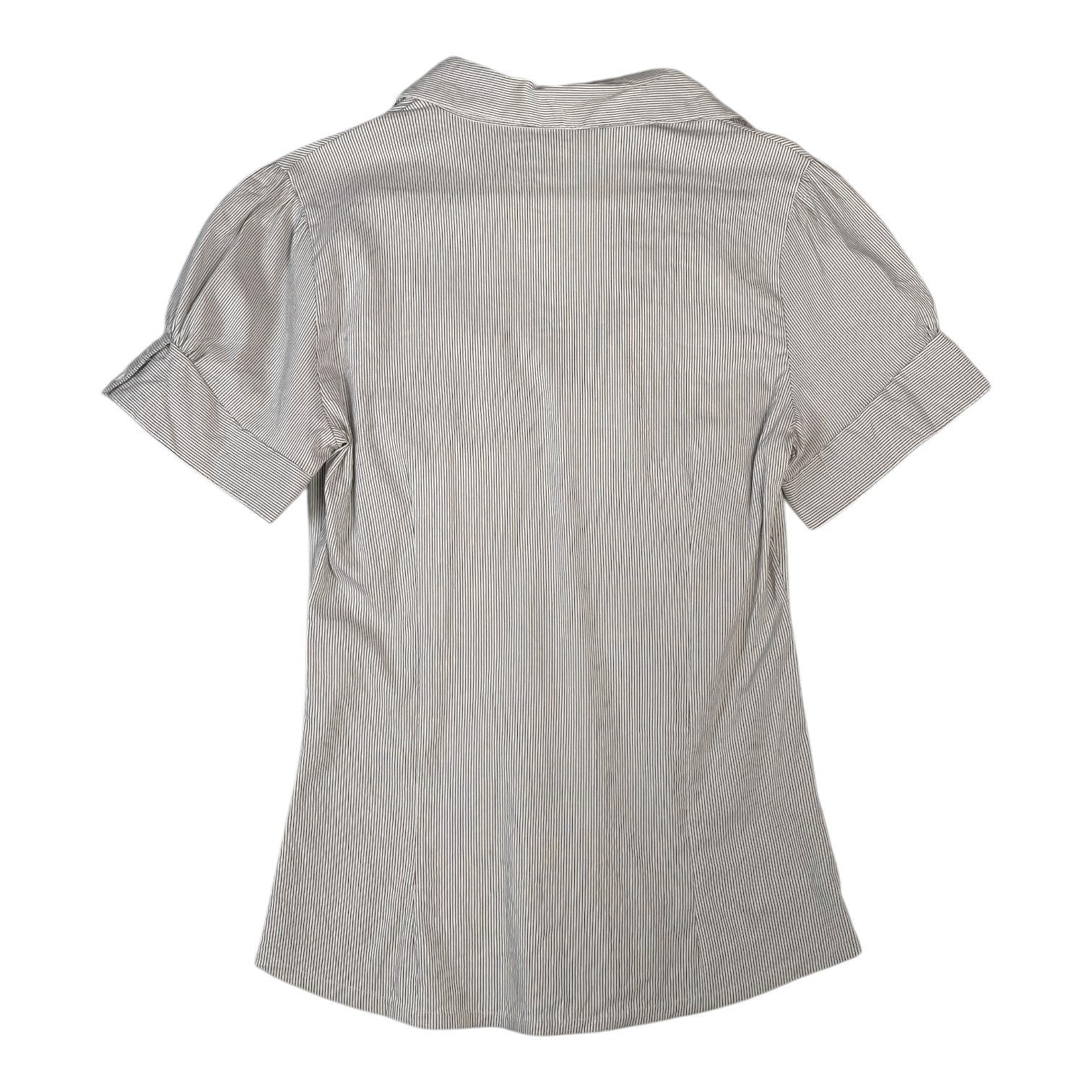 Back view of a Digg It Thrift & Vintage Mitno grey and white striped short sleeve button-up blouse with ruched cuffs