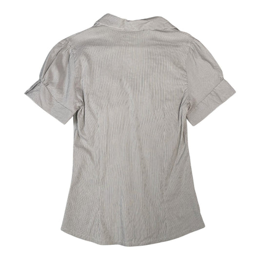 Back view of a Digg It Thrift & Vintage Mitno grey and white striped short sleeve button-up blouse with ruched cuffs