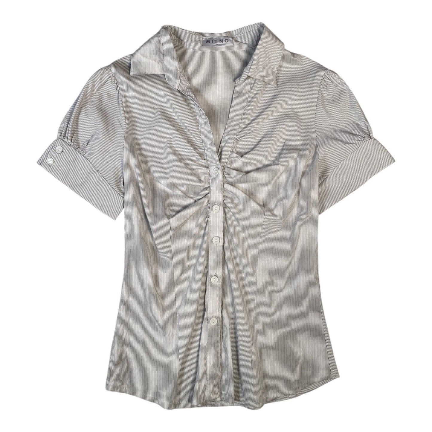 Digg It Thrift & Vintage grey and white striped Mitno button-up blouse with ruched front and short sleeves
