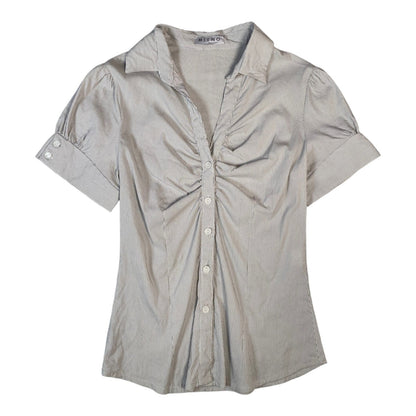 Digg It Thrift & Vintage grey and white striped Mitno button-up blouse with ruched front and short sleeves