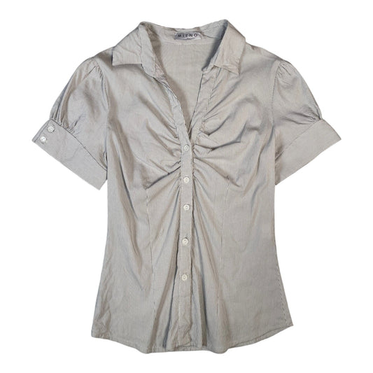 Digg It Thrift & Vintage grey and white striped Mitno button-up blouse with ruched front and short sleeves