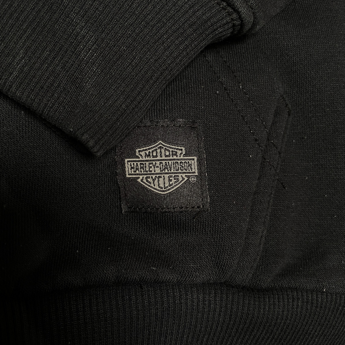 Digg It Thrift & Vintage black Harley-Davidson full-zip hoodie with embroidered logo patch on front pocket