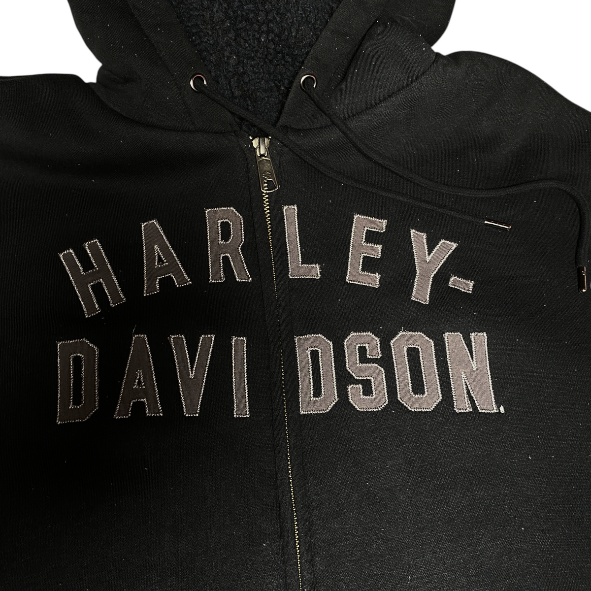 Digg It Thrift & Vintage black Harley-Davidson full-zip hoodie with embroidered lettering and sherpa lining