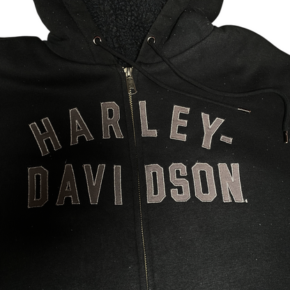 Digg It Thrift & Vintage black Harley-Davidson full-zip hoodie with embroidered lettering and sherpa lining