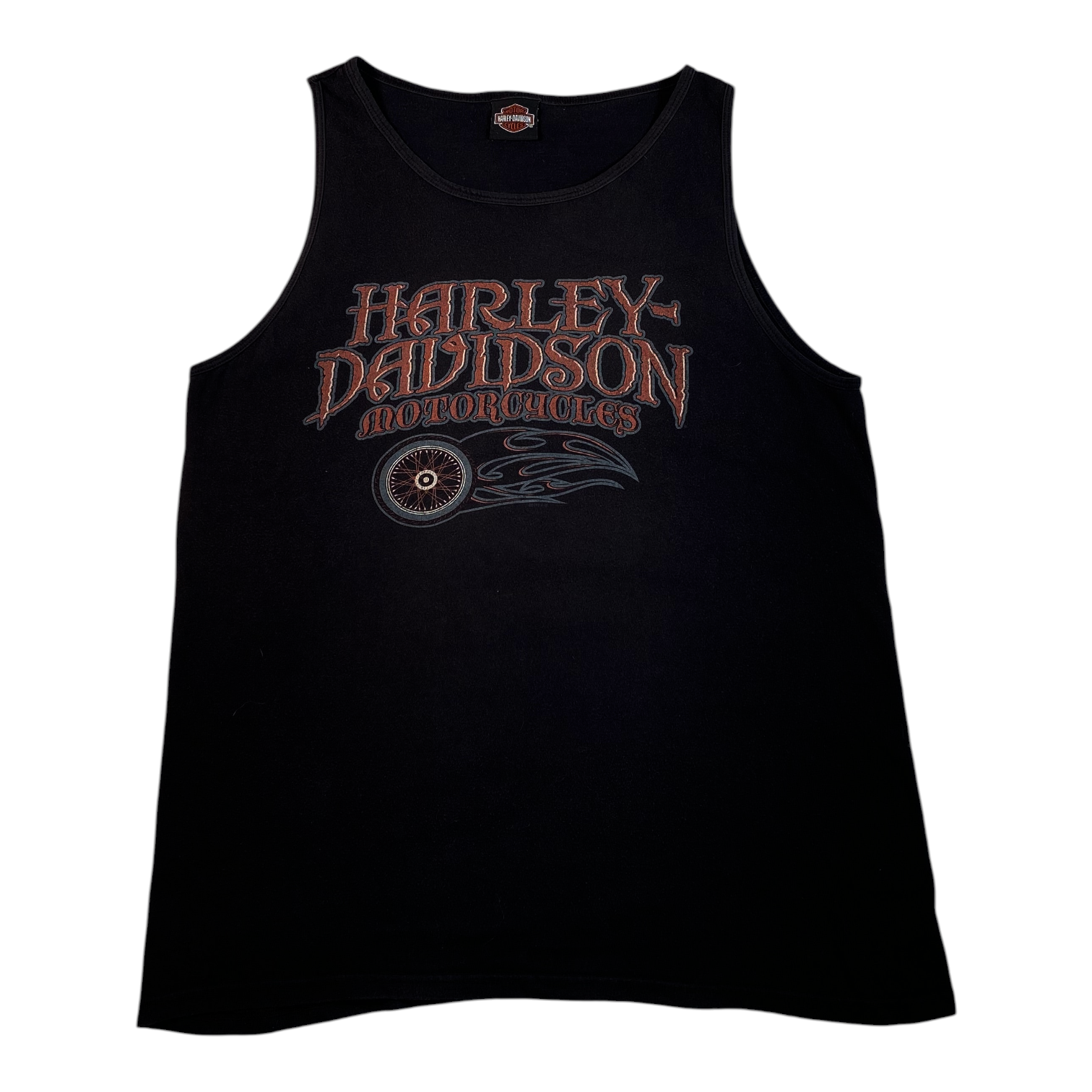 Digg It Thrift & Vintage black Harley-Davidson tank top with red and grey motorcycle wheel graphic
