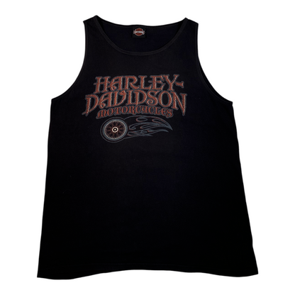 Digg It Thrift & Vintage black Harley-Davidson tank top with red and grey motorcycle wheel graphic