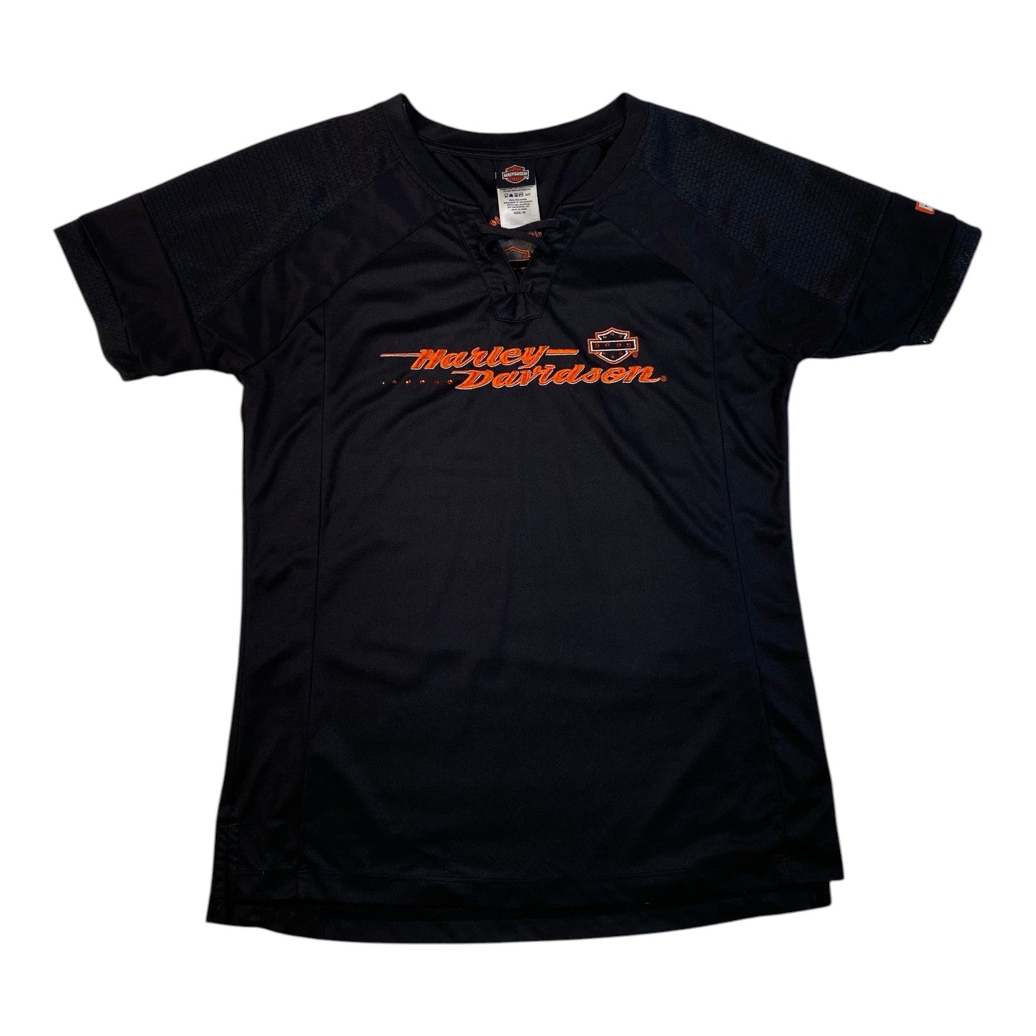 Digg It Thrift & Vintage black Harley-Davidson lace-up football jersey top with orange logo embroidery