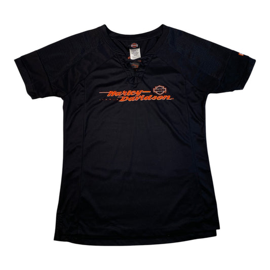 Digg It Thrift & Vintage black Harley-Davidson lace-up football jersey top with orange logo embroidery