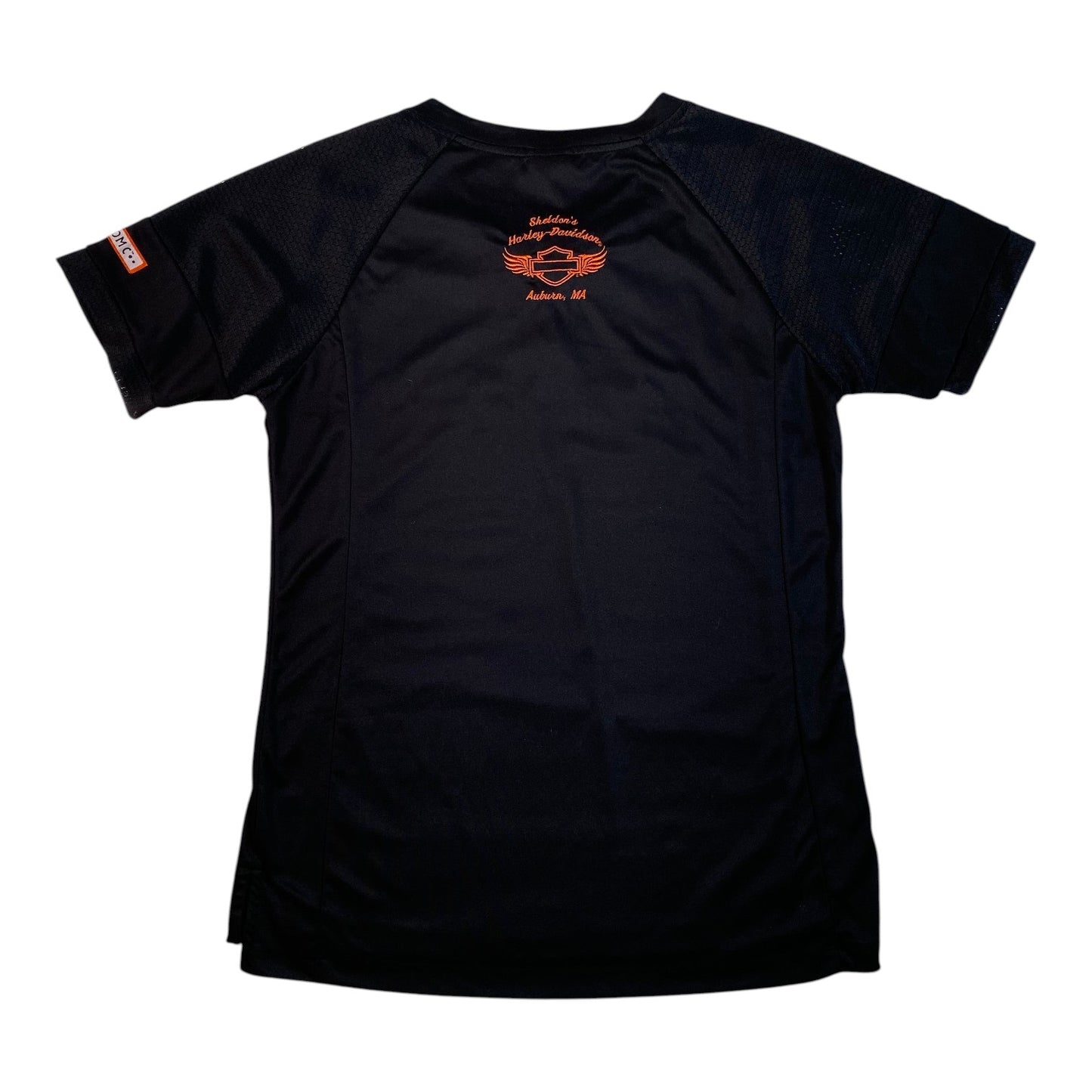 Digg It Thrift & Vintage black Harley-Davidson football jersey top with orange logo and mesh sleeves