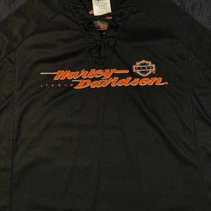 Digg It Thrift & Vintage black Harley-Davidson lace-up football jersey with orange embroidered logo