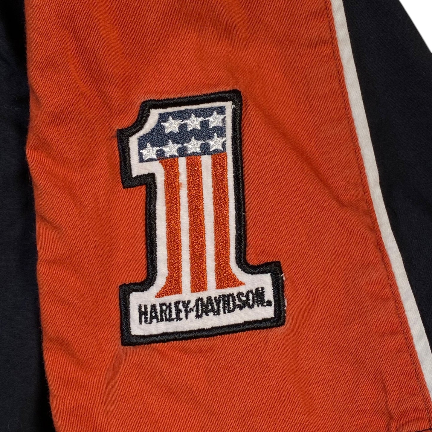 Digg It Thrift & Vintage Harley-Davidson mechanic shirt sleeve with embroidered number 1 logo patch