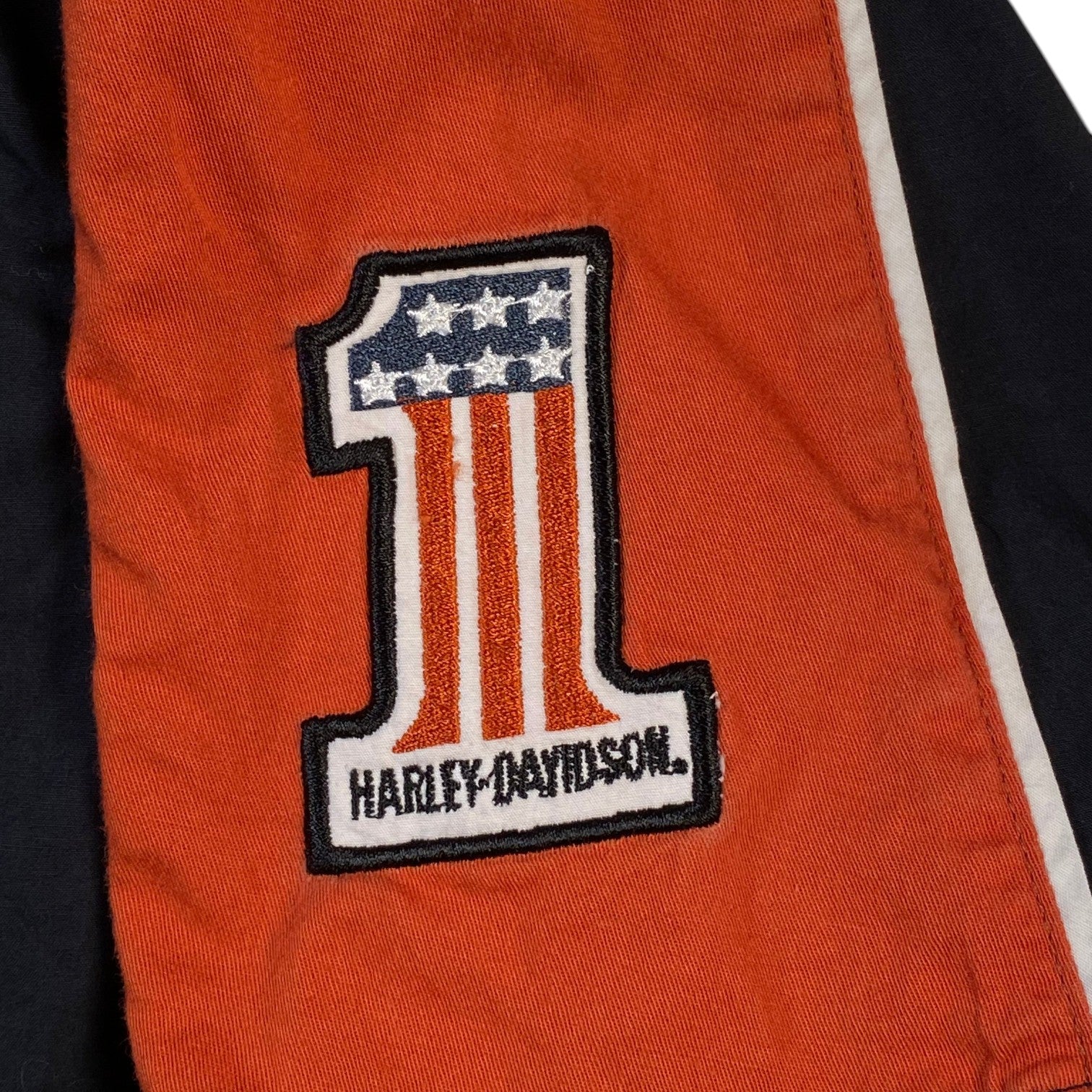 Digg It Thrift & Vintage Harley-Davidson mechanic shirt sleeve with embroidered number 1 logo patch
