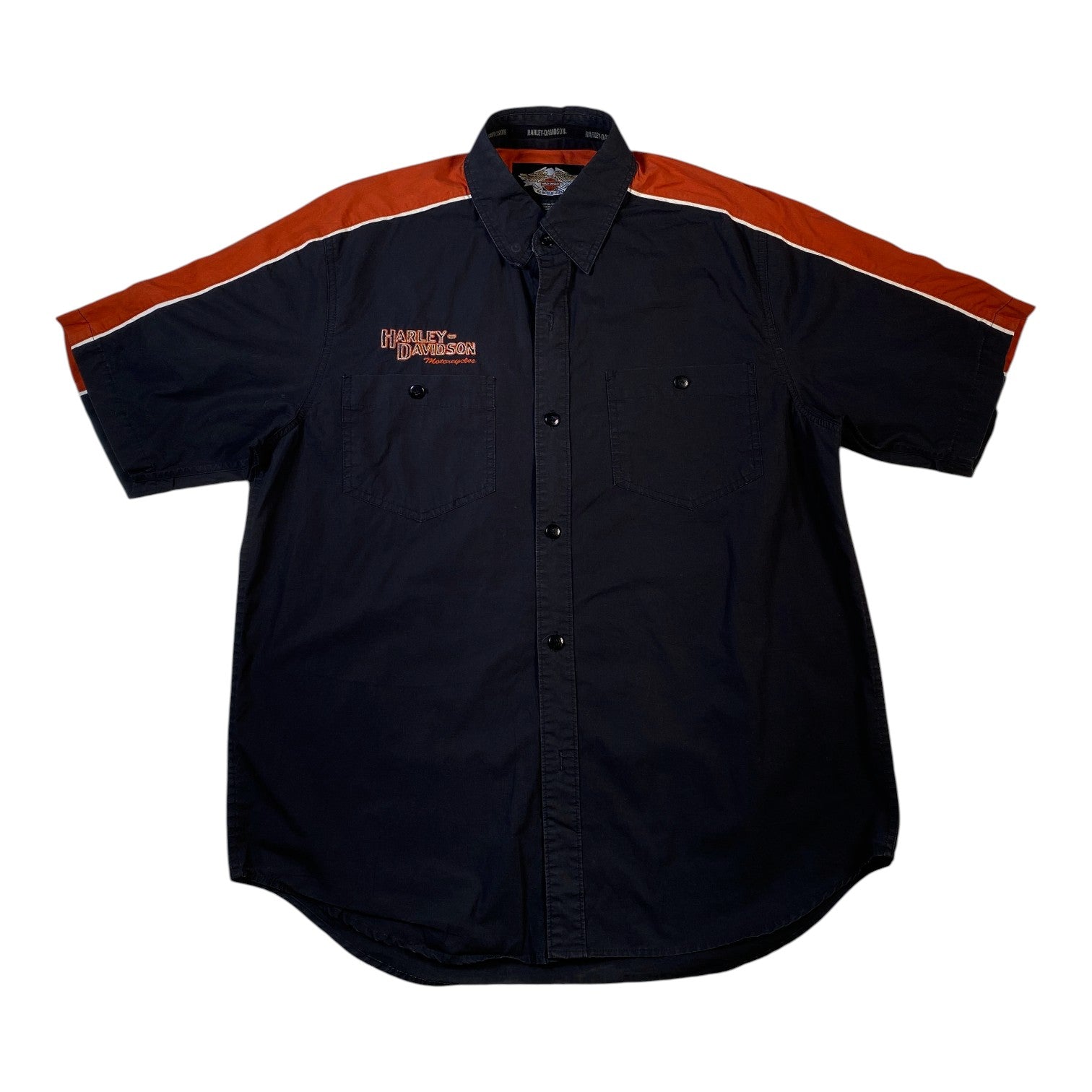 Digg It Thrift & Vintage navy blue Harley-Davidson mechanic shirt with orange shoulder stripes and embroidery.
