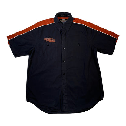 Digg It Thrift & Vintage navy blue Harley-Davidson mechanic shirt with orange shoulder stripes and embroidery.