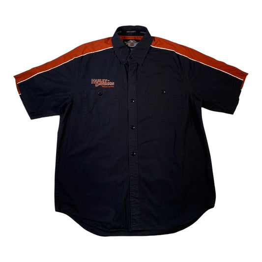 Digg It Thrift & Vintage navy blue Harley-Davidson mechanic shirt with orange shoulder stripes and embroidery.