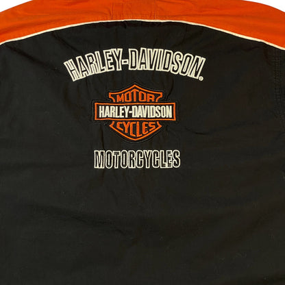 Digg It Thrift & Vintage black and orange Harley-Davidson embroidered mechanic shirt with back logo detail