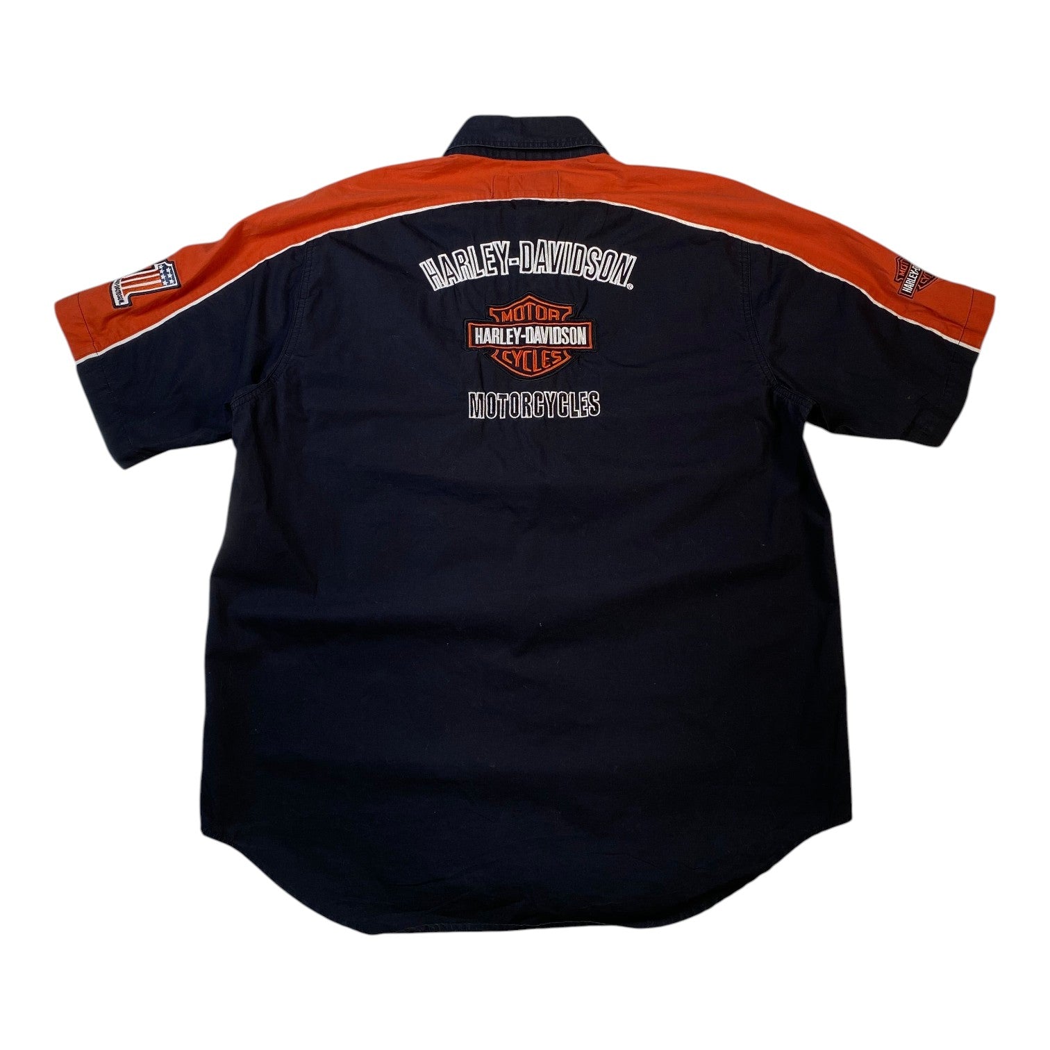 Digg It Thrift & Vintage Harley-Davidson navy and orange short-sleeve mechanic shirt with back embroidery