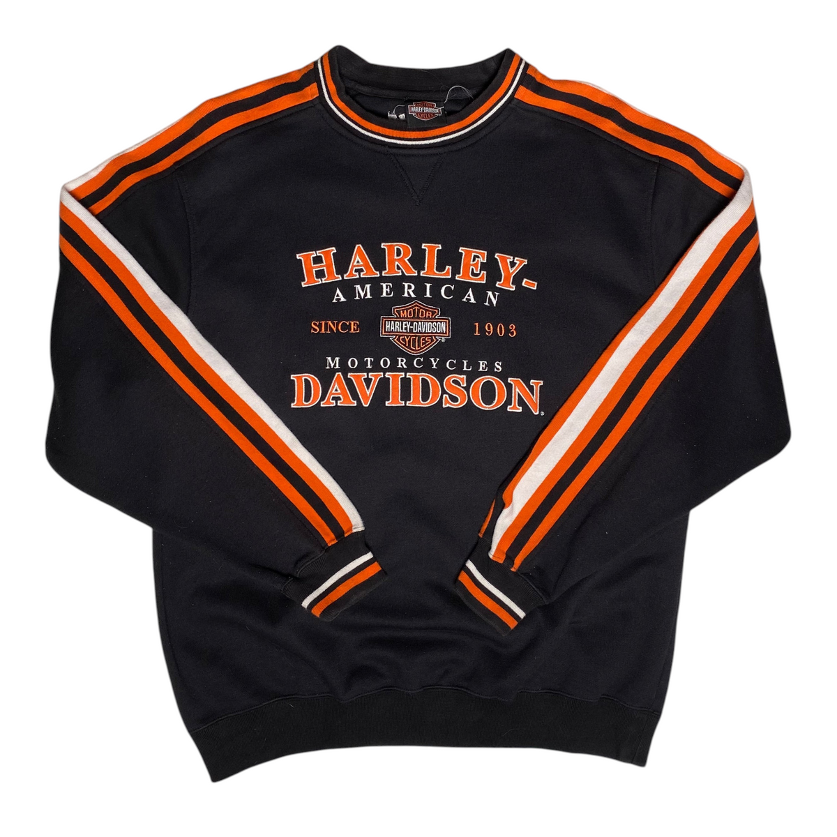 Digg It Thrift & Vintage black Harley-Davidson crewneck sweatshirt with orange and white sleeve stripes
