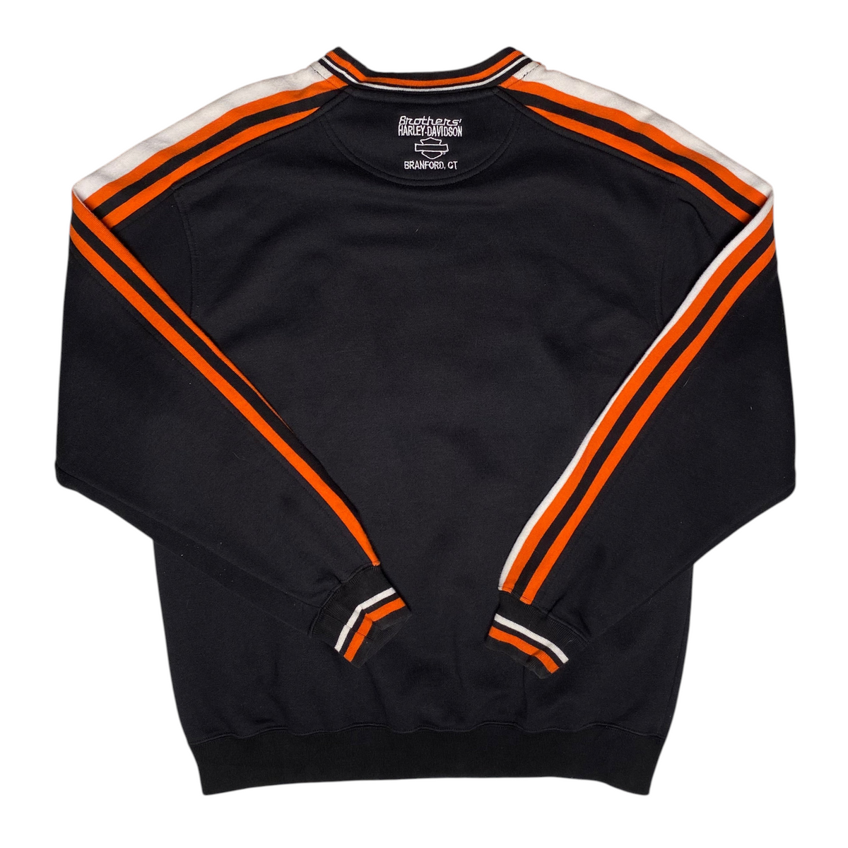 Digg It Thrift & Vintage black Harley-Davidson crewneck sweatshirt with orange and white striped sleeves