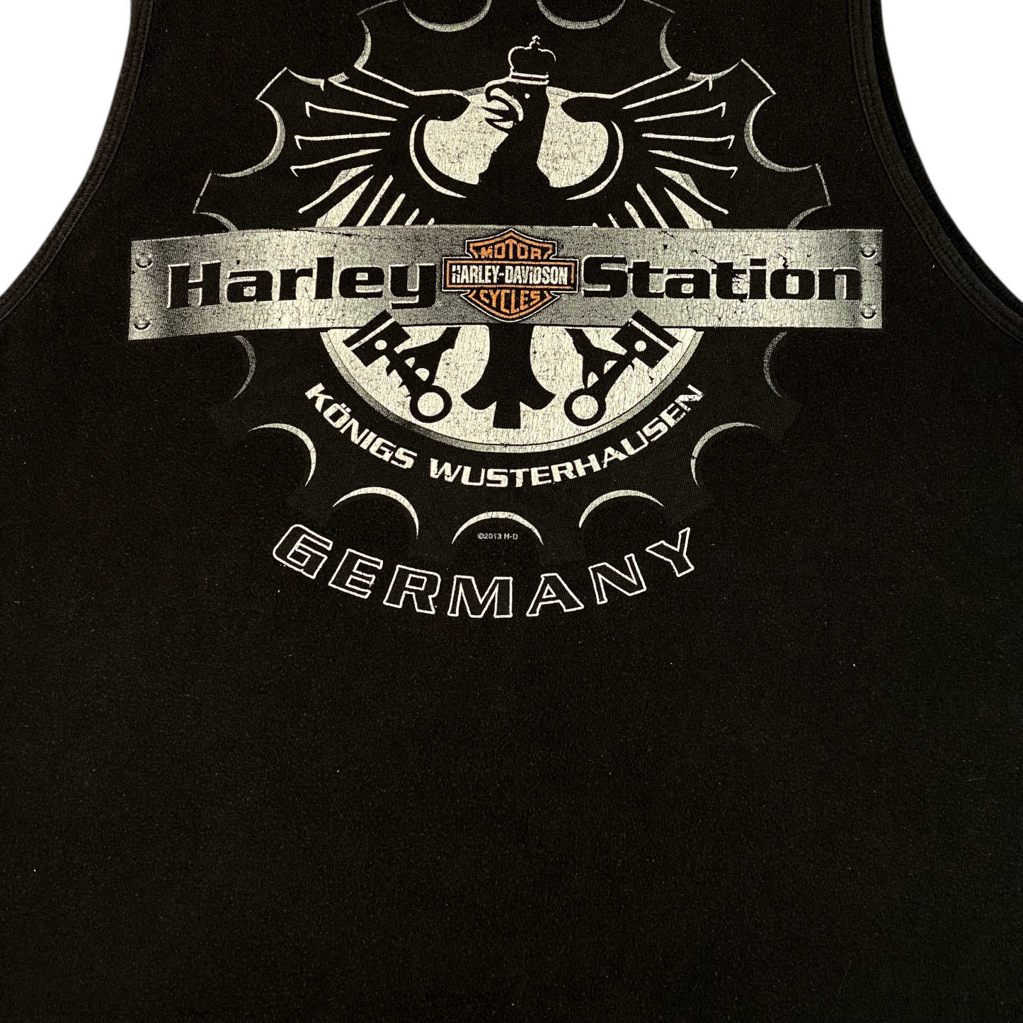 Digg It Thrift & Vintage black Harley-Davidson Harley Station Germany tank top with eagle and piston graphic print