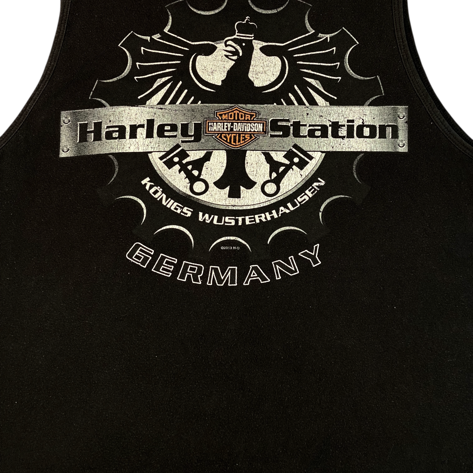 Digg It Thrift & Vintage black Harley-Davidson Harley Station Germany tank top with eagle and piston graphic print