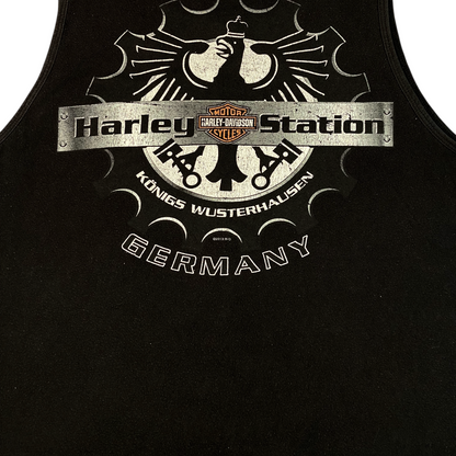 Digg It Thrift & Vintage black Harley-Davidson Harley Station Germany tank top with eagle and piston graphic print