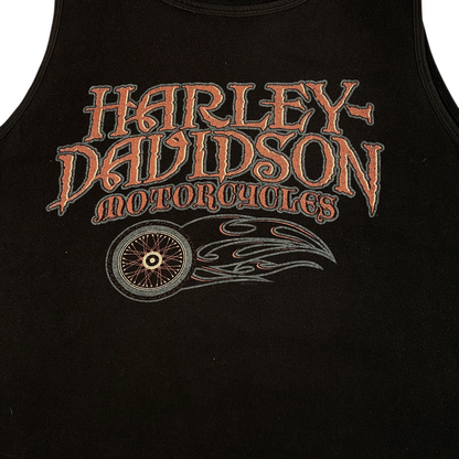 Digg It Thrift & Vintage black Harley-Davidson tank top with orange and grey motorcycle wheel and flame graphic