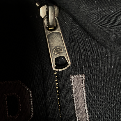 Digg It Thrift & Vintage black Harley-Davidson full-zip hoodie featuring a branded metal zipper pull