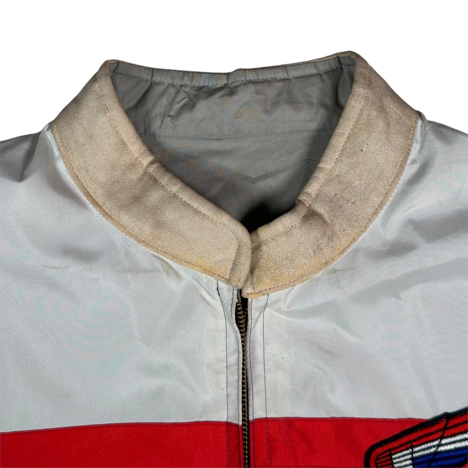 Digg It Thrift & Vintage reversible Honda racing windbreaker jacket collar detail showing light staining