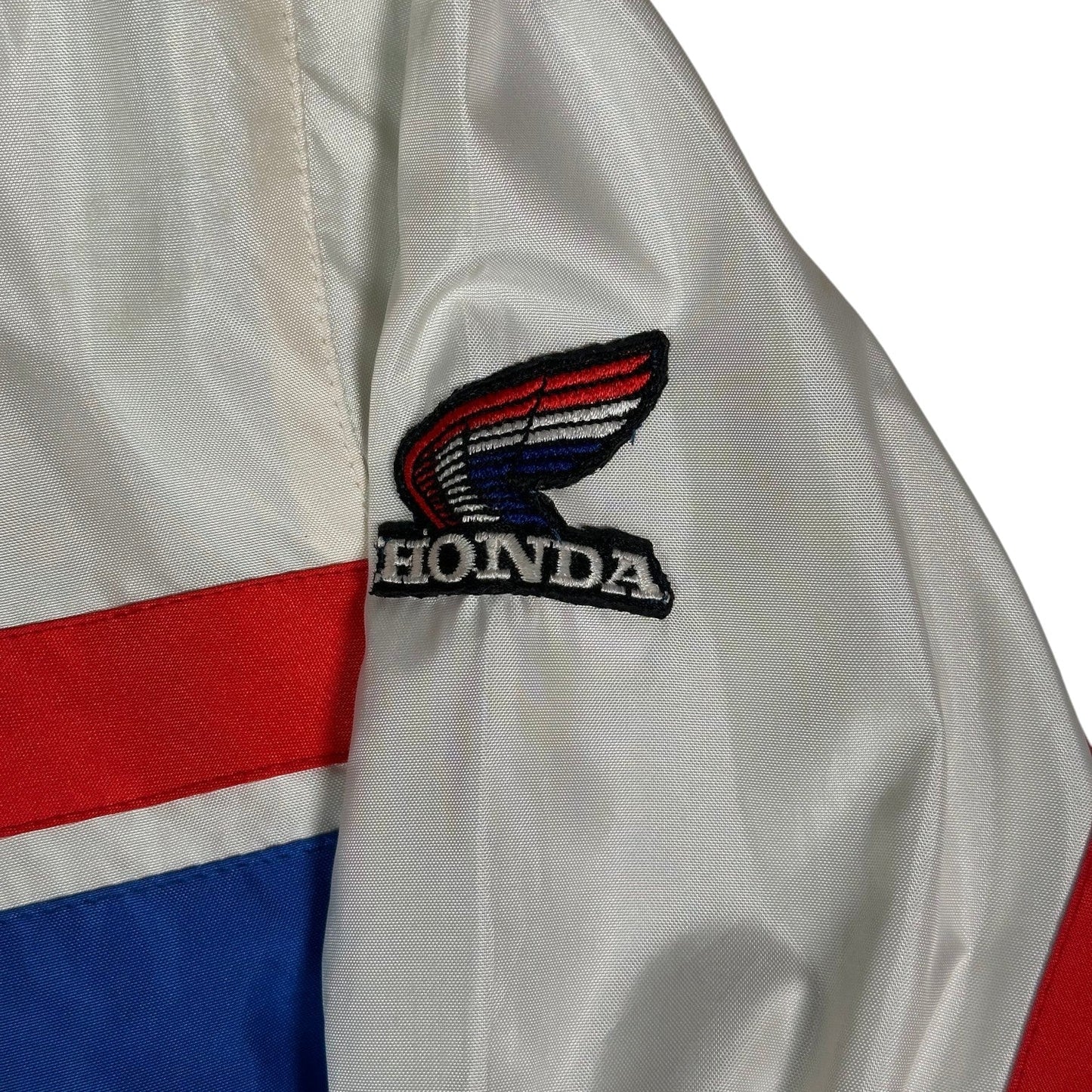Digg It Thrift & Vintage white Honda racing windbreaker jacket with red and blue stripes and embroidered logo patch