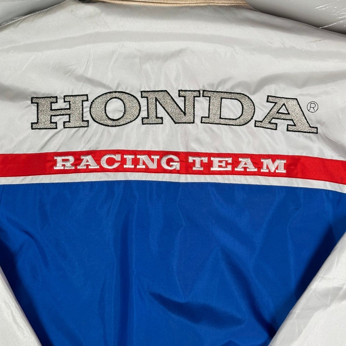 Digg It Thrift & Vintage Honda Racing Team reversible windbreaker jacket in white, blue, and red with embroidery