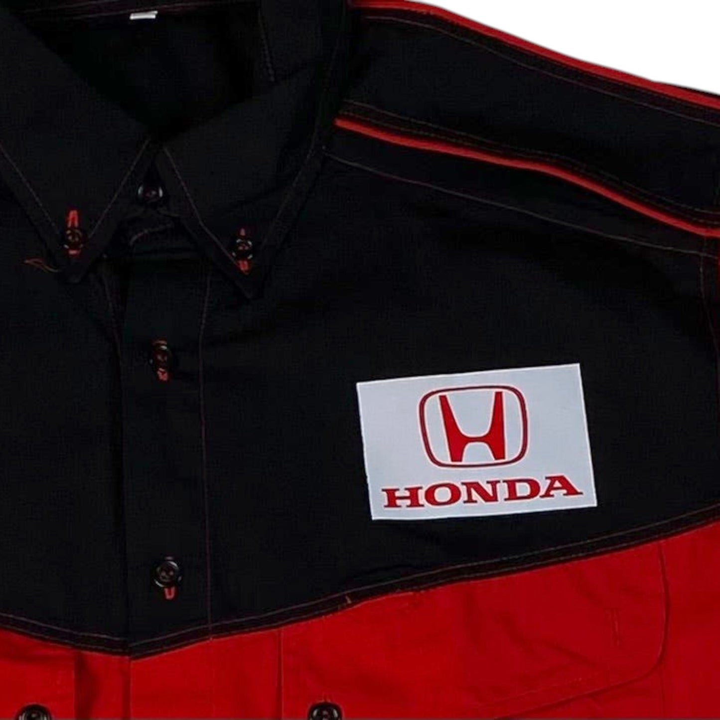 Digg It Thrift & Vintage Honda Racing black and red short sleeve button-up mechanics work shirt with logo patch