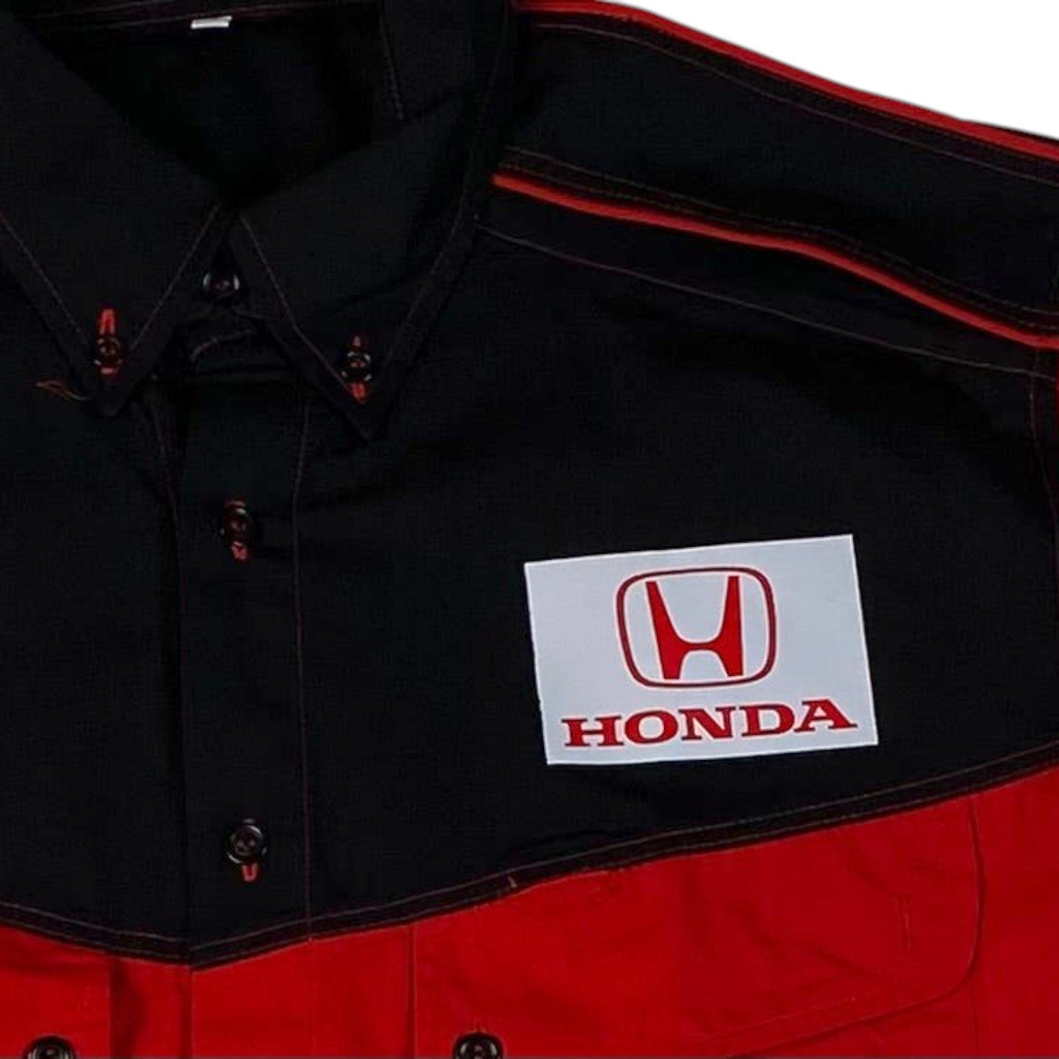 Digg It Thrift & Vintage Honda Racing black and red short sleeve button-up mechanics work shirt with logo patch