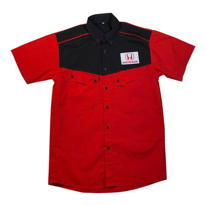 Digg It Thrift & Vintage Honda Racing short sleeve work shirt in red and black with button-down collar and chest pockets