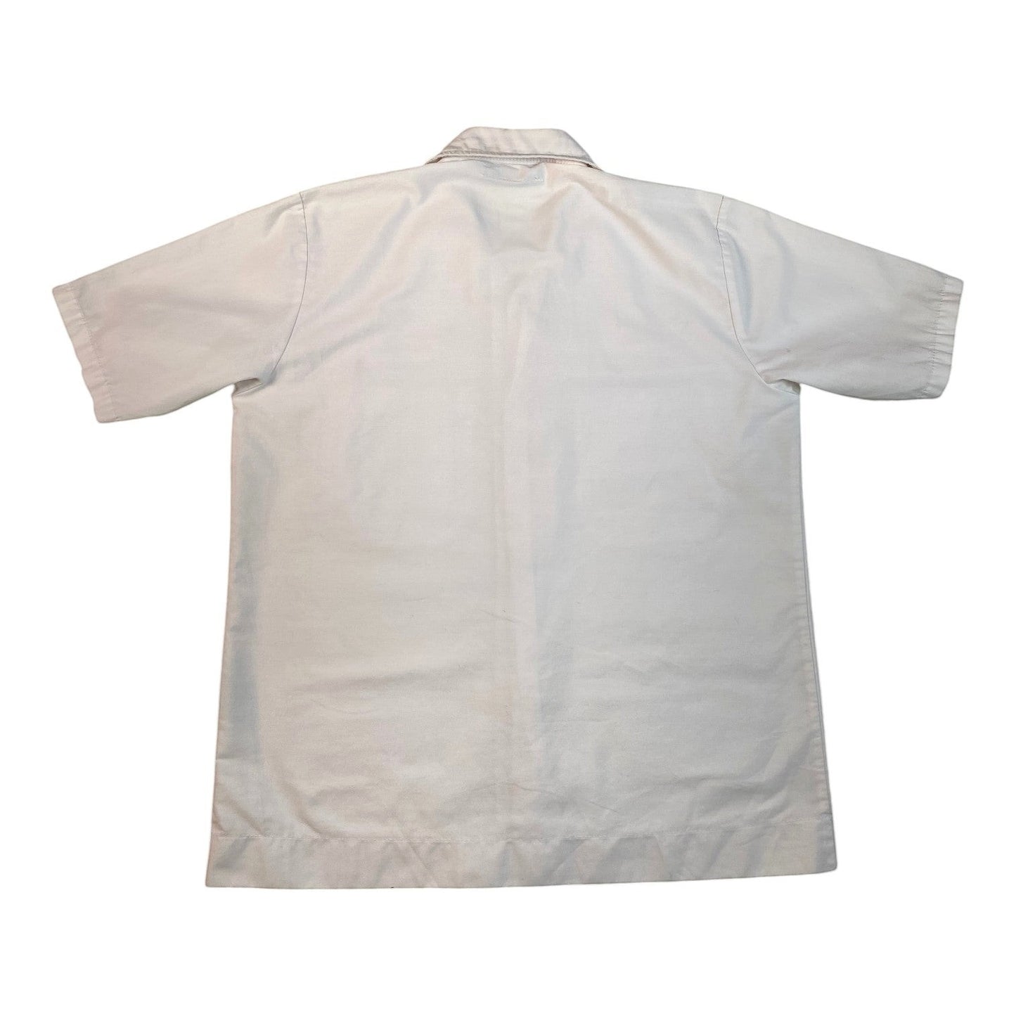 Digg It Thrift & Vintage Honda of Canada Mfg. mechanic work shirt in beige, back view of short sleeve button-up.
