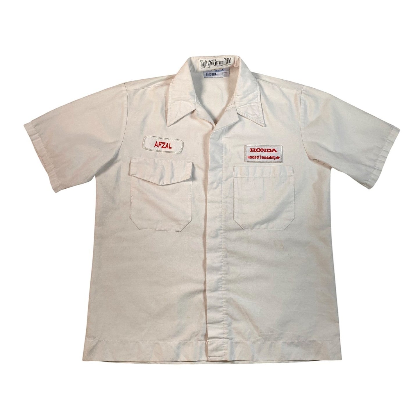 Digg It Thrift & Vintage white Honda of Canada Mfg. short-sleeve mechanic work shirt with red embroidered branding.