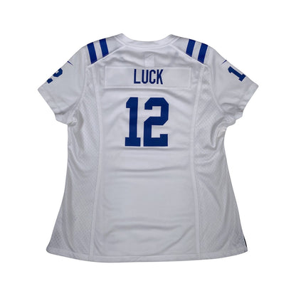 Digg It Thrift & Vintage white Indianapolis Colts Andrew Luck number 12 NFL jersey with blue lettering