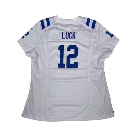 Digg It Thrift & Vintage white Indianapolis Colts Andrew Luck number 12 NFL jersey with blue lettering