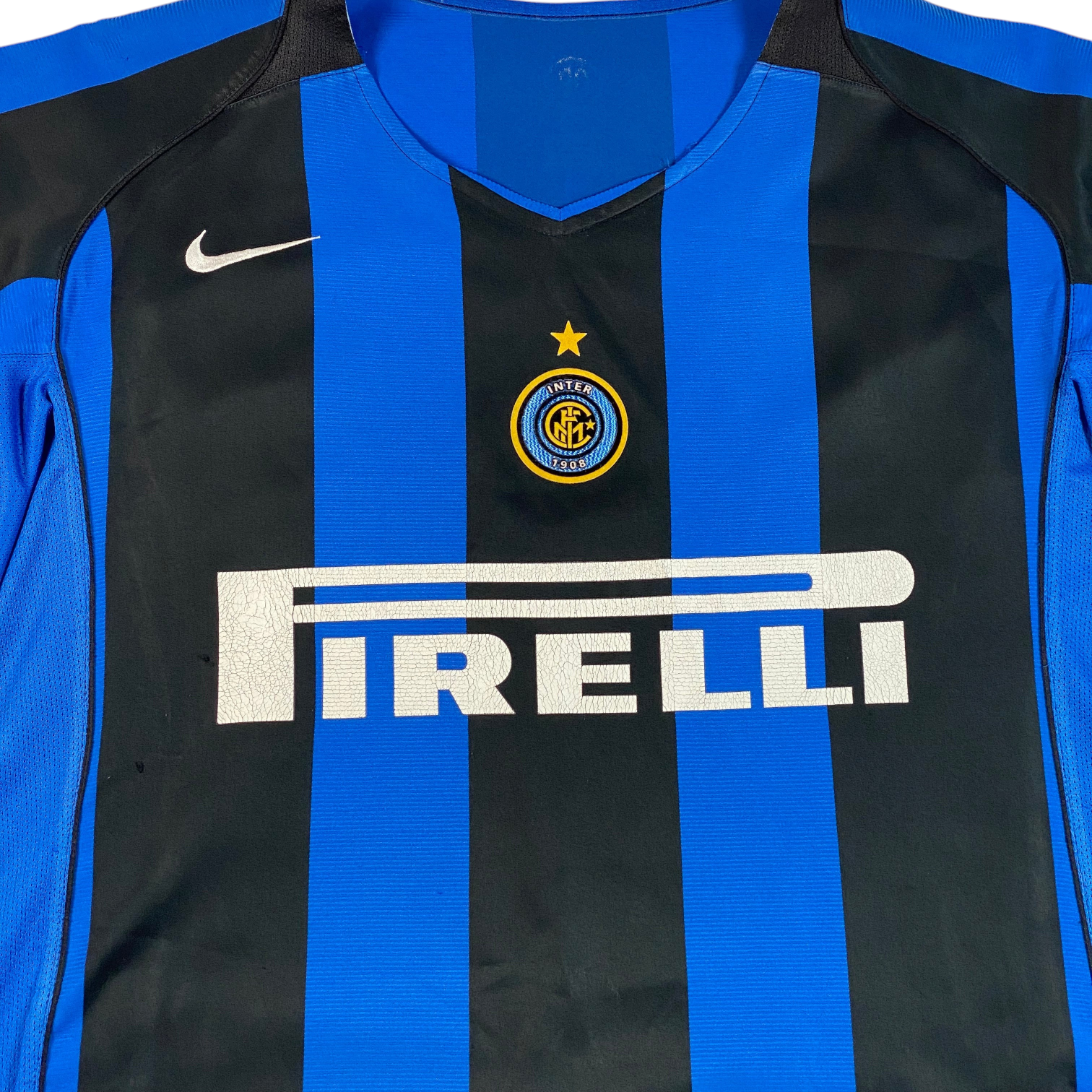 Digg It Thrift & Vintage 2002-2003 Inter Milan home football jersey with blue and black stripes and Pirelli sponsor