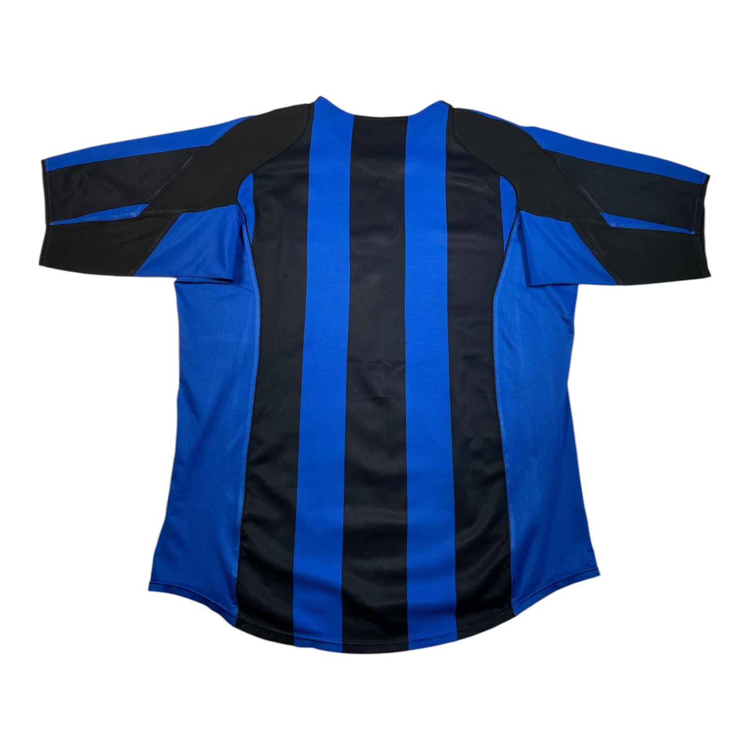 Back view of a vintage 2002-2003 Nike Inter Milan home football shirt in blue and black stripes from Digg It Thrift & Vintage